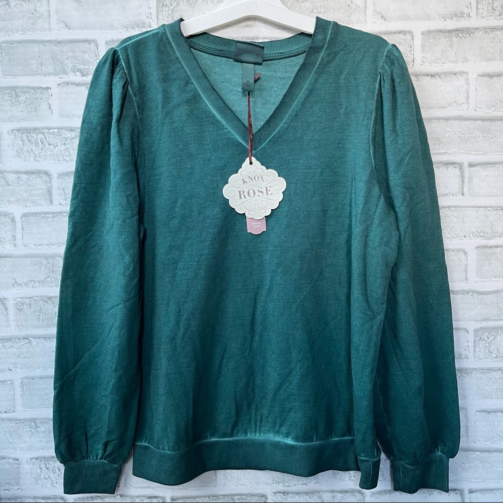 NEW KNOX ROSE TEAL V NECK PUFF SLEEVE SWEATSHIRT M